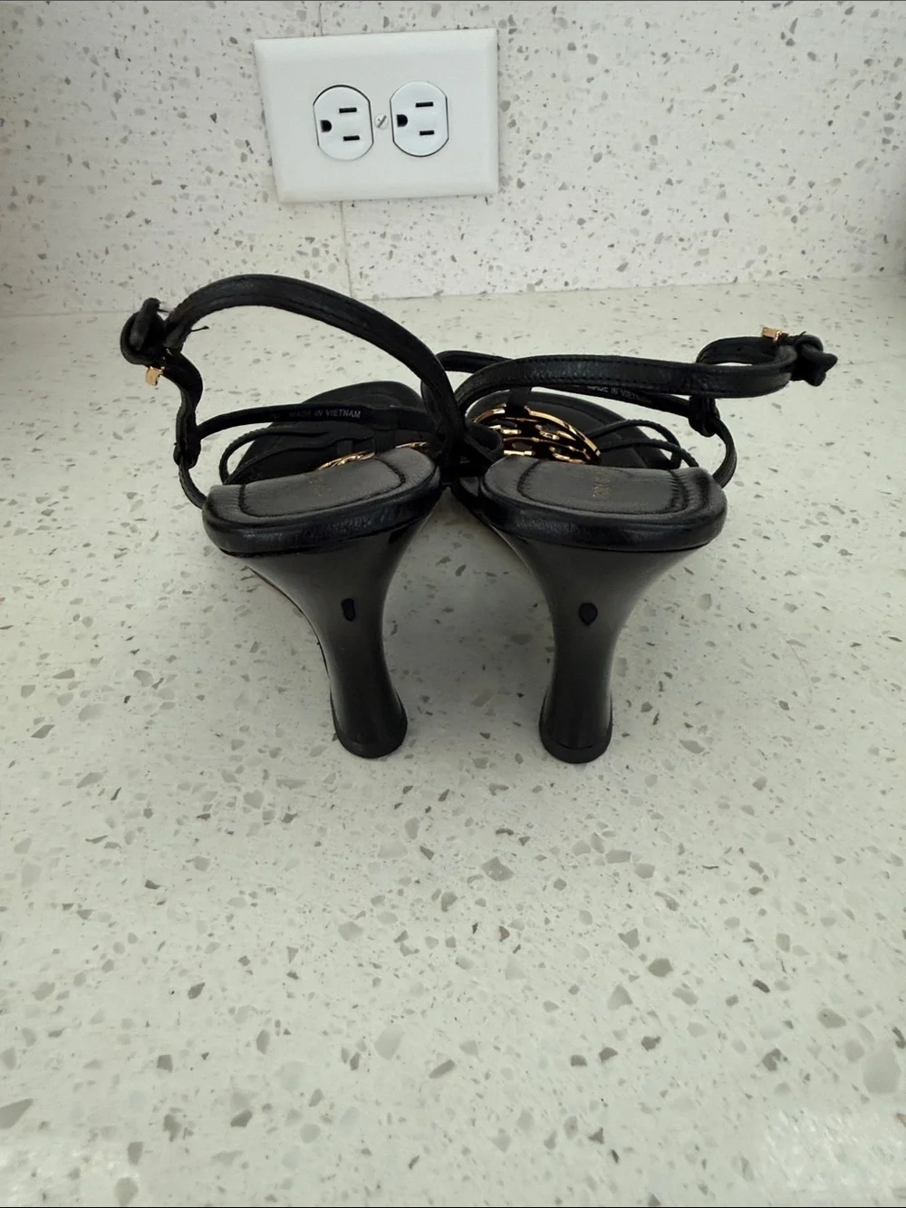 Tory Burch Capri Miller Strappy Wedge Sandals Perfect Black Gold Medallion